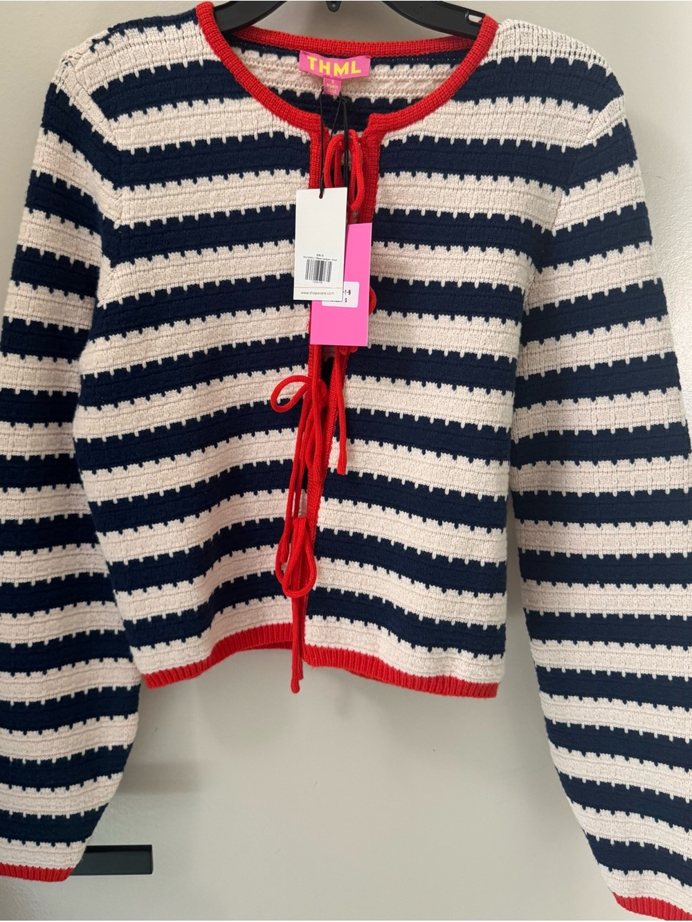 THML Navy and Cream Striped Knit Cardigan with Red Trim and Ties New with Tags